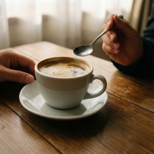 Un tranquillo rituale del caffè mattutino catturato in un primo piano caldo.