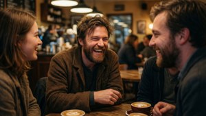 Un portrait sincère de Sidney Mackenzie Litten dégustant un café entre amis.