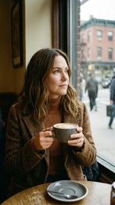 Cobie Smulders dans un café avec un latte.