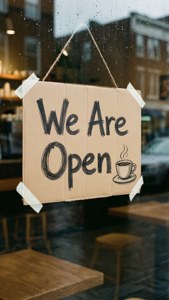 Tanda kertas tulisan tangan di jendela kedai kopi dengan hujan di luar