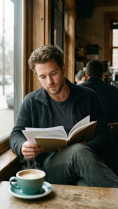 Glen Powell leser på en kaffebar med naturlig lys