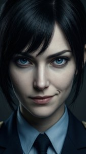 Intense close-up of Lady Une with a calculating gaze.