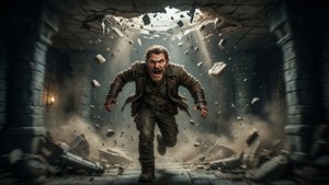 Dungeon Crawler Carl huye de un techo derrumbándose con escombros