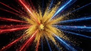 Lebendiges Partikelkollisionsereignis mit goldenen und blauen Energiespuren auf Schwarz