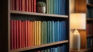 Ein lebendiges Nahaufnahme-Tapete eines farblich geordneten Bücherregals mit einer Sukkulente.