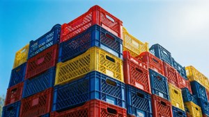 Cajas de plástico coloridas apiladas bajo un cielo azul claro. — Pila Fondos de pantalla