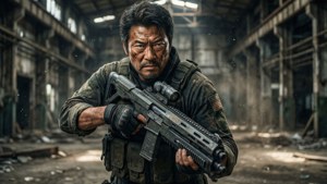 En stridstrött soldat som håller ett gevär i en övergiven fabrik.