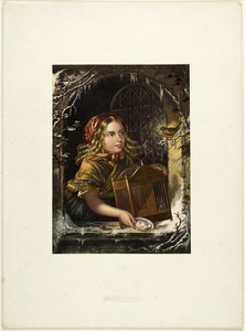 "Come, Pretty Robbin" by George Baxter, created 1857, in Steel etching, aquatint, and stipple printed in purple, with block printing in colors from nine zinc bl