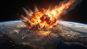 Het verwoestende moment waarop de komeet de aarde raakt in Don't Look Up, een catastrofale scène.