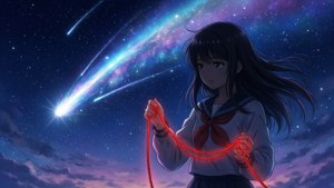 Mitsuha segurando um cordão vermelho sob um cometa no céu noturno