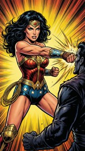 Lynda Carter como Mulher-Maravilha em uma pose de ação de história em quadrinhos.