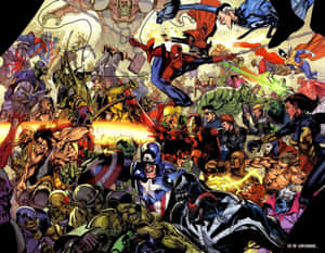 Superheroes and villains clash in a vibrant comic book battle scene. — The Joker Comic Picture