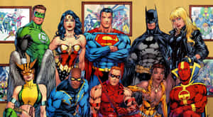 Group of superheroes in colorful costumes posing in a comic book gallery. — The Joker Comic Picture
