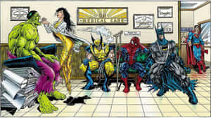 Superhéroes esperando en una clínica médica con Hulk fumando y Batman herido. — Imágenes de comedia Imágenes