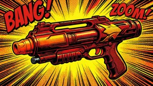 A pop art comic-style Nerf blaster with action words.