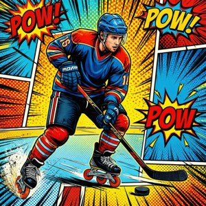Pop art serietidningsstil med en rullhockeyspelare och actioneffekter.
