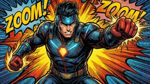 Hyper Sonic elävässä sarjakuvatyylissä toimintasanoilla ja rohkeilla ääriviivoilla.