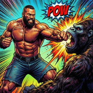 Una ilustración de estilo cómic de un hombre golpeando a un gorila con una explosión POW.