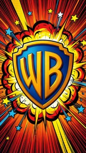 Papier peint style pop art bande dessinée du bouclier Warner Bros. traversant une explosion