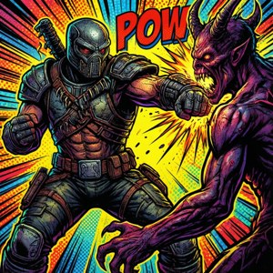 Estilo de quadrinhos Doomguy socando um demônio com 'POW'.