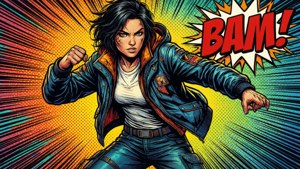 A comic-style female superhero delivers a powerful punch with a BAM! sound effect.