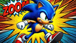 Sonic melompat dari halaman buku komik dengan efek yang berani.