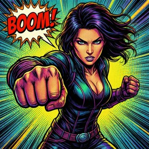 Yelena Belova dalam gaya komik retro.