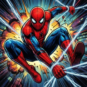 Pose aksi komik klasik Spider-Man dalam gaya pop art yang cerah