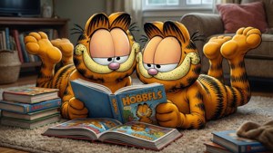 Calvin and Hobbes share a quiet moment reading comic books indoors.