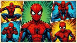 Spider-Man in meerdere strippanelen creëert een dynamische verhaal-achtergrond.