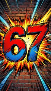 Numero 67 che sfonda un muro in stile pop art fumettistico