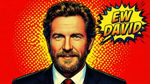 Pop art stripstijl behang van David Rose met 'Ew David' spraakballon.