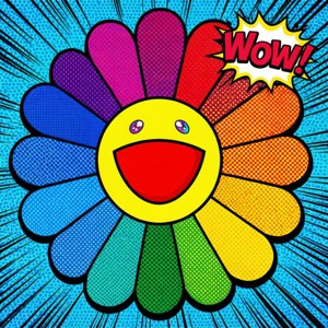 Murakami-Blume im Comic-Pop-Art-Stil mit Sprechblase.