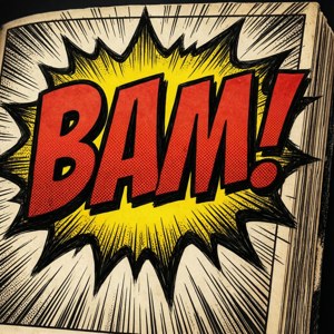 A close-up of a comic book page with the word 'BAM!'.