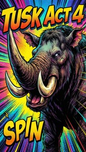 Tusk Act 4 i pop art-tegneseriestil med tykke konturer, halvtoneprikker og actionlinjer.