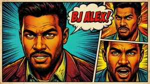 Pop-taide sarjakuvatyylinen BJ Alex useilla ilmeillä