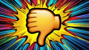 En tegneseriestil tommel ned-emoji med aksjonslinjer og halvtoneprikker.
