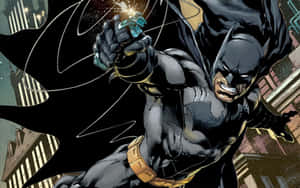 Batman i sort dragt flyver gennem byen med batarang i hånden — Tegneserier Baggrunde Wallpapers