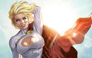 Blonde female superhero in white suit and red cape flying against bright sun. — Batman Cartoon Picture
