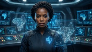 Nakia in a high-tech command center with holographic maps, serious and futuristic.