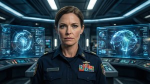 Mallory Jansen på en sci-fi-romskipbro.