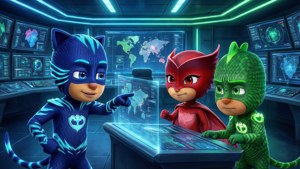 PJ Masks strategizing in high-tech base.