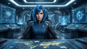 Sci-fi tapet af heltinden i et futuristisk kommandocenter med holografer