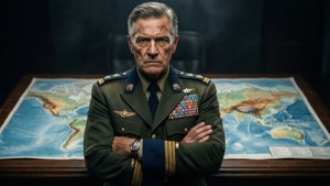 Een strenge militaire generaal in gala-uniform staande voor een tactische kaartentafel met medailles.