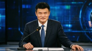 Yao Ming urheiluselostajana, pöydän takana mikrofonin kanssa, TV-studion ympäristössä.