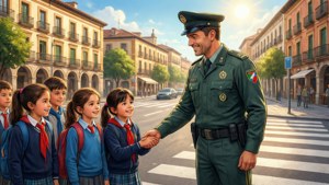 Seorang petugas Guardia Civil mengajarkan keselamatan jalan kepada anak-anak sekolah di sebuah alun-alun yang cerah