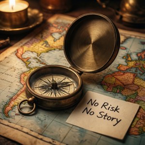 Bussola vintage su mappa con nota 'No Risk No Story'