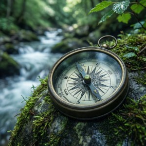 Una macrofotografia di una bussola consumata su una roccia muschiosa accanto a un ruscello di montagna impetuoso.
