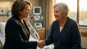 Kathleen Sebelius shaking hands with a patient during a hospital visit