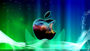 Logo Apple bercahaya dengan asap berputar di latar belakang kosmik hijau dan biru.